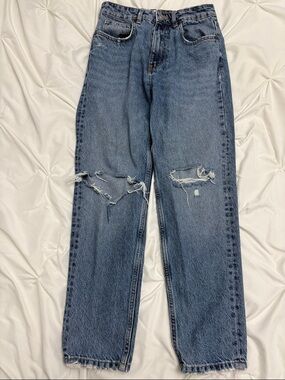 Zara Medium Blue Straight-Leg Ripped Jeans